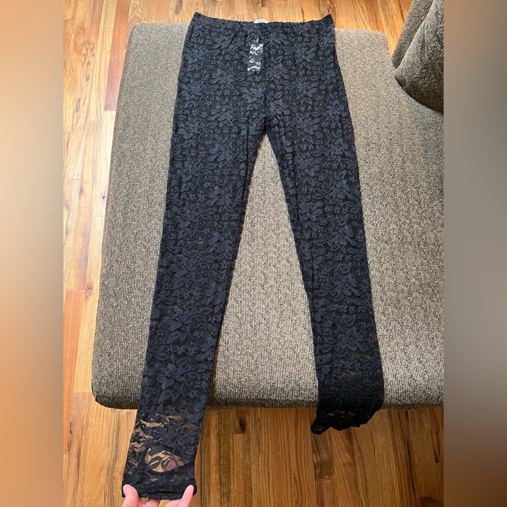By Anthropologie Black Lace Stirrup Tights Leggings NWT with flaw